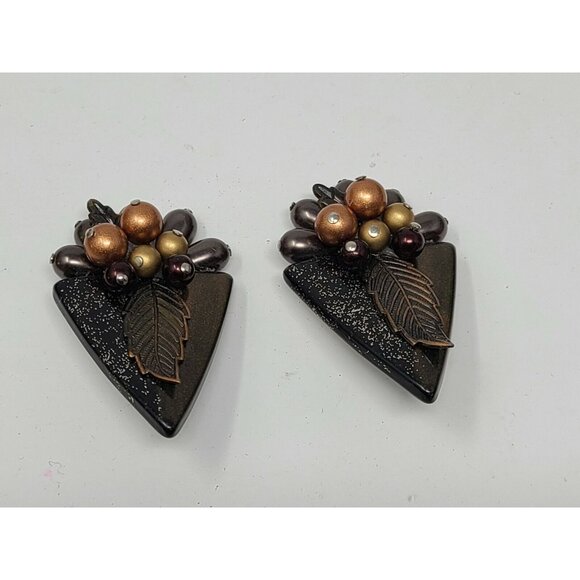 Vintage Clip On Earrings Brown W/ Leaves & Beads - Picture 1 of 2